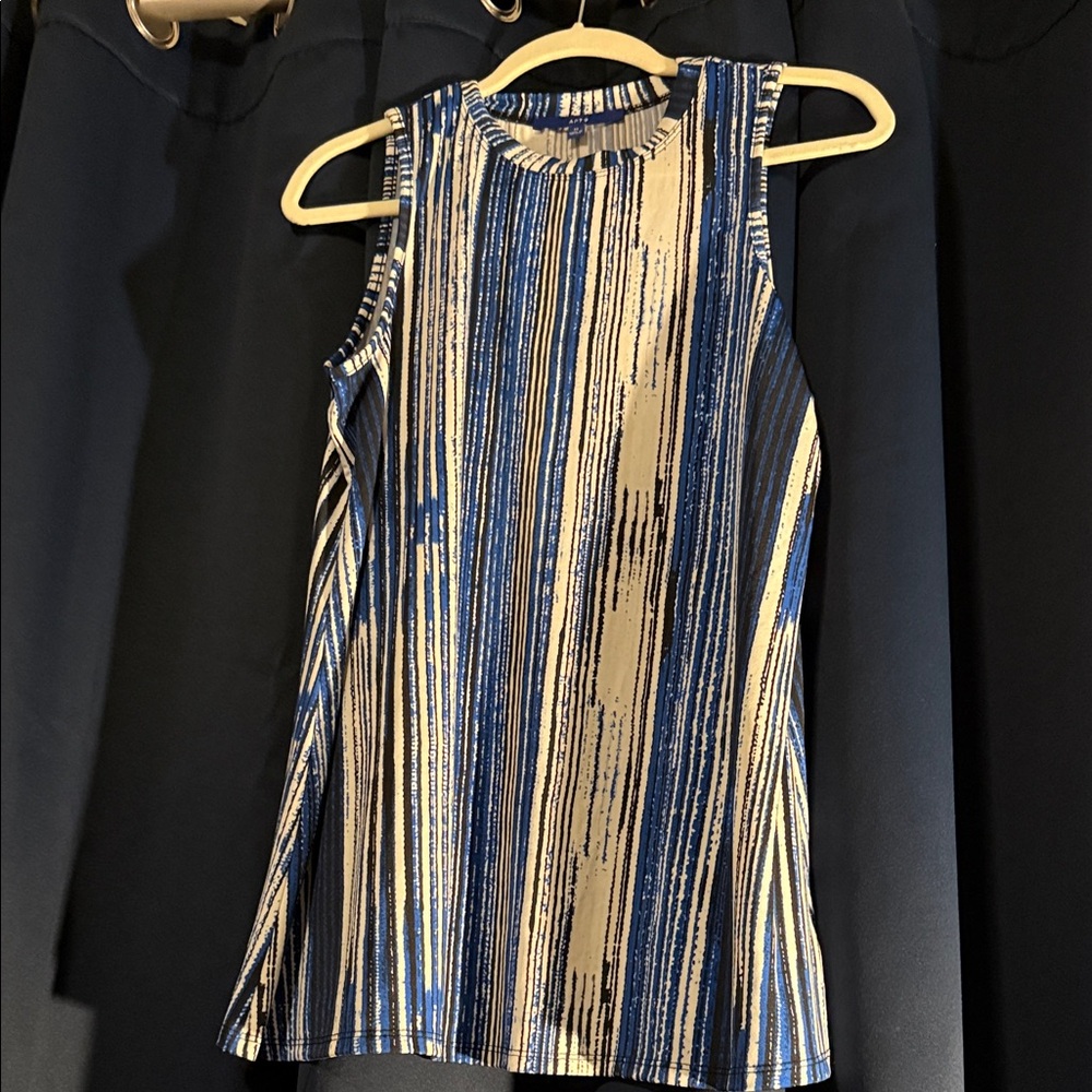 Dressy Sleeveless Blue and Cream Striped Women’s Top